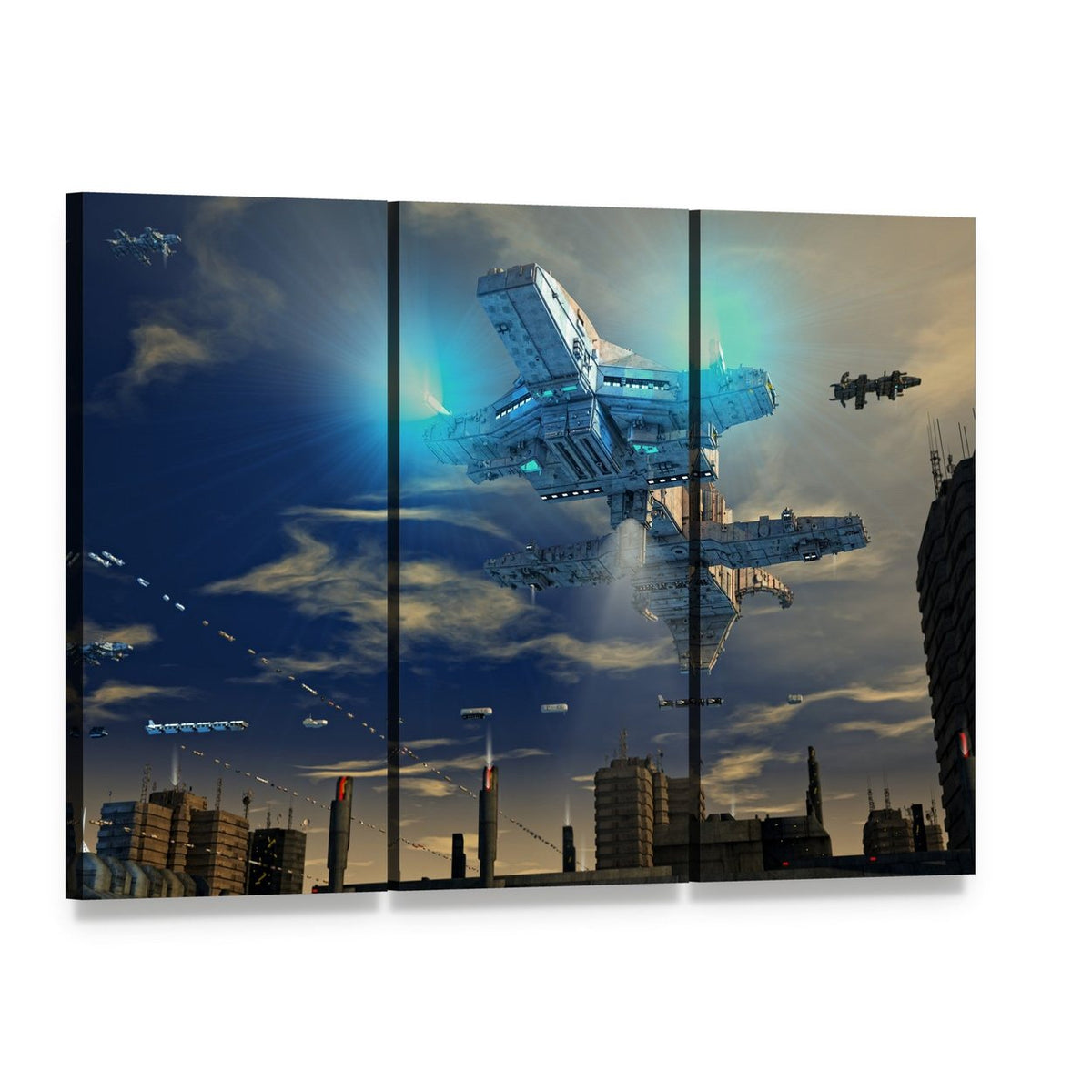 Spaceship Over Futuristic City Canvas Wall Art, 3 panel 3 Horizontal layout gallery wrapped canvas set, angled product view