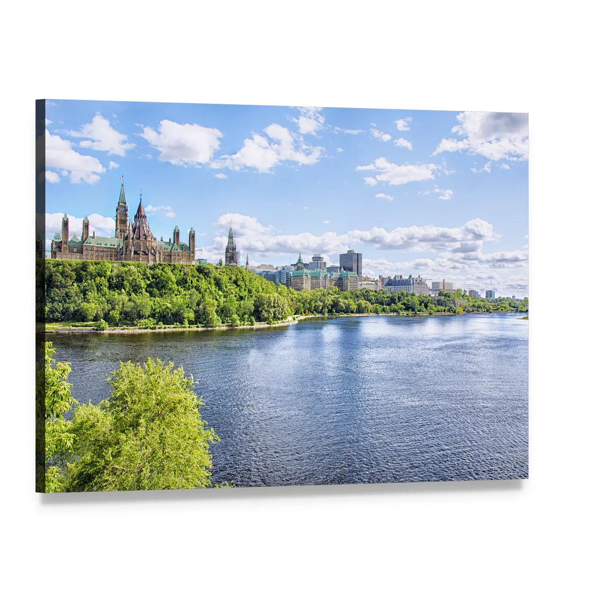 Parliament Hill on the Ottawa River Canvas Wall Art, single panel gallery wrapped canvas, angled product view