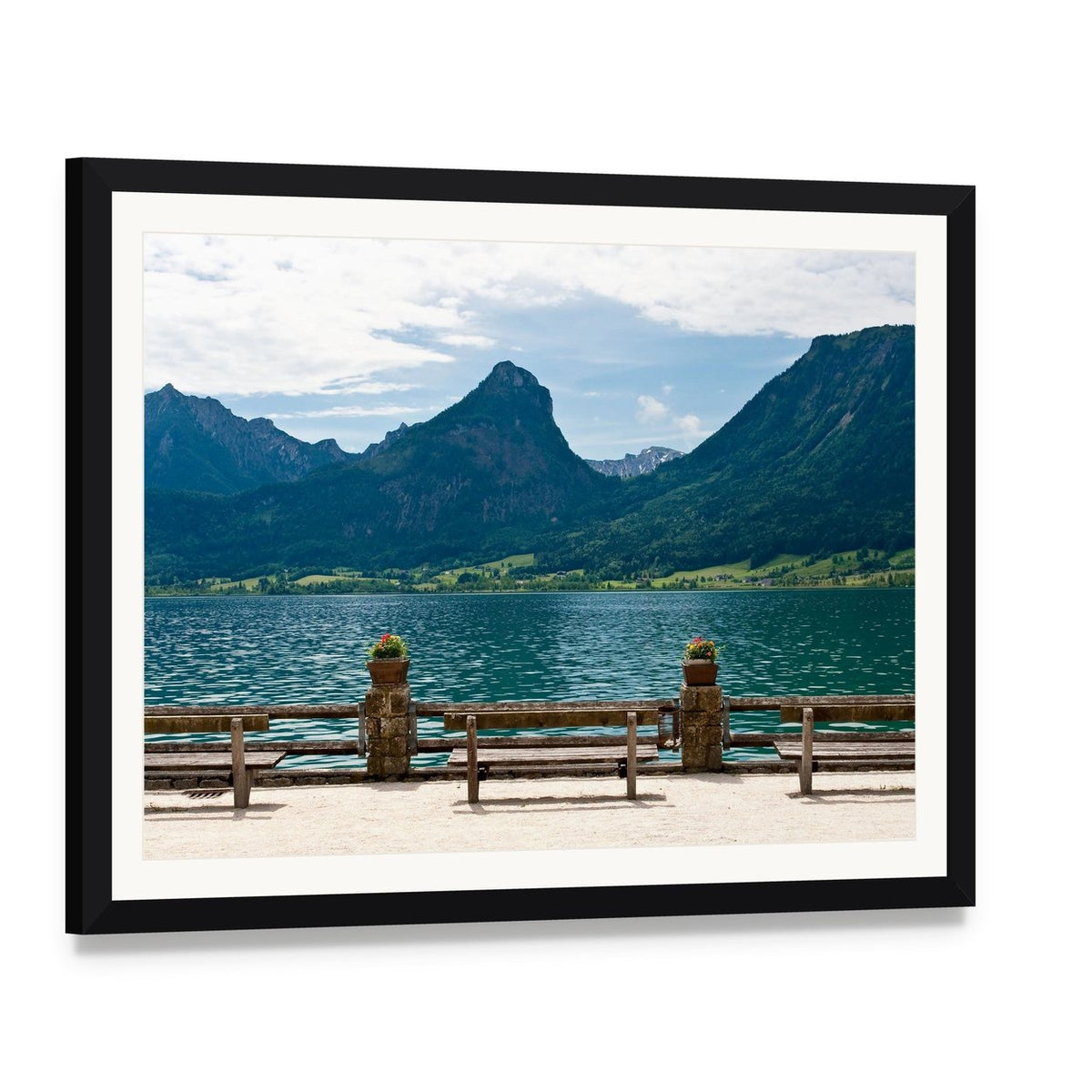 Wolfgangsee View from St Wolfgang Canvas Wall Art, framed print with white mat and black frame, angled product view