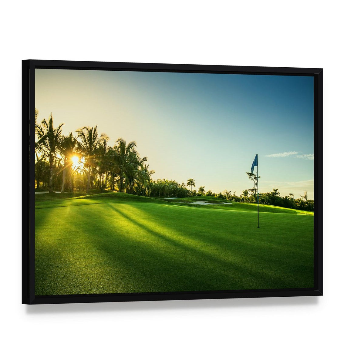 Countryside Golf Course Canvas Wall Art, framed canvas in a black floater frame, angled product view