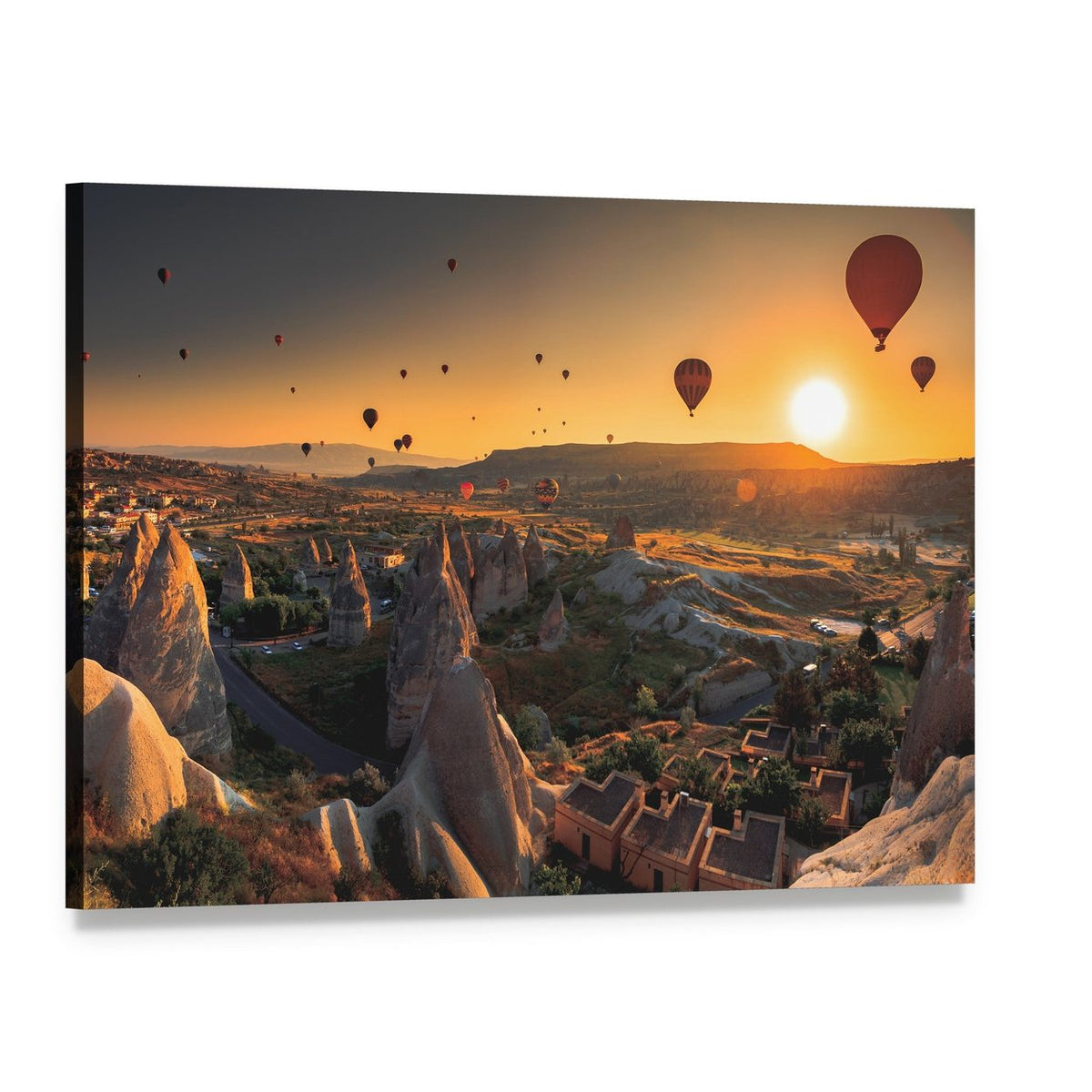 Hot Air Balloons Over Cappadocia Canvas Wall Art, single panel gallery wrapped canvas, angled product view