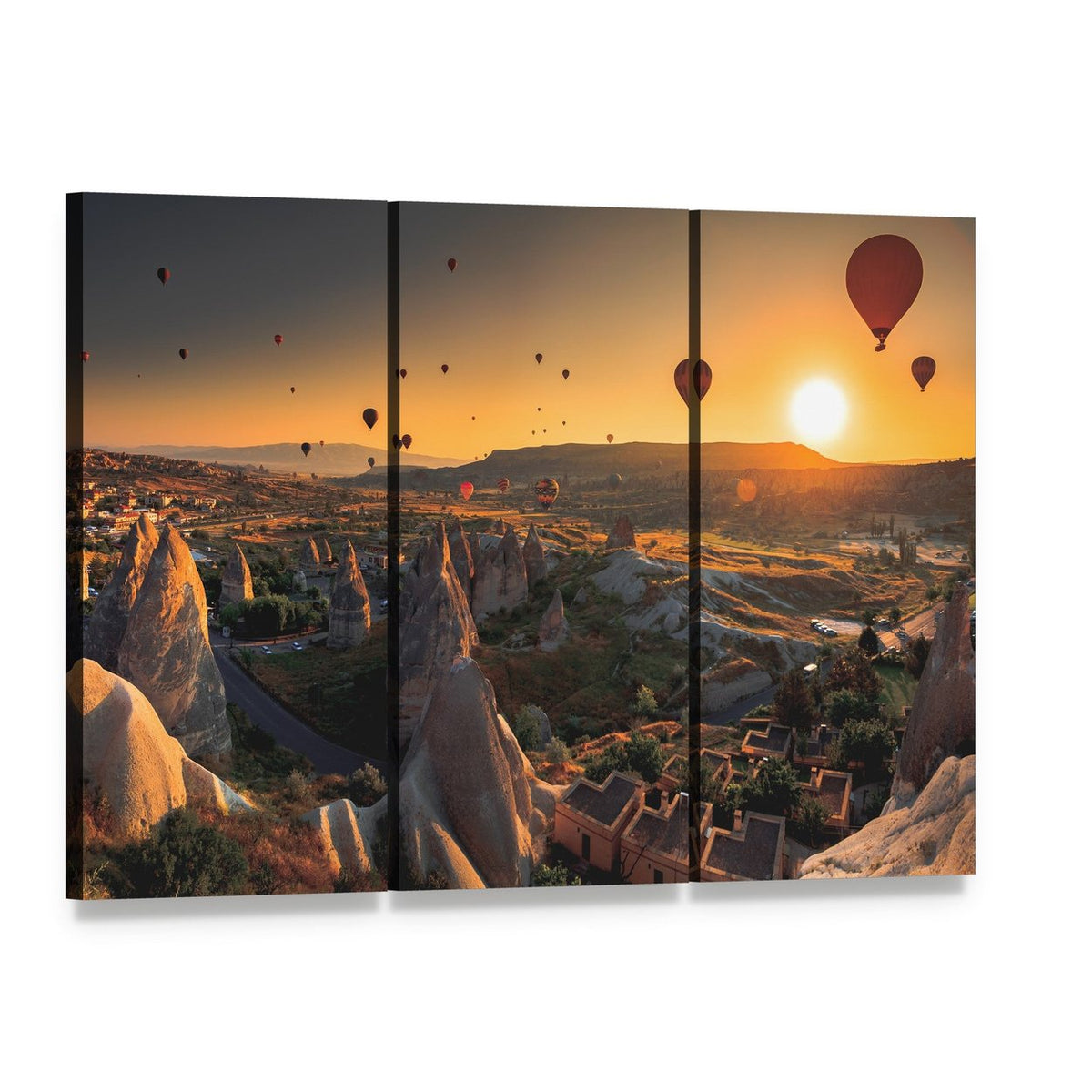 Hot Air Balloons Over Cappadocia Canvas Wall Art, 3 panel 3 Horizontal layout gallery wrapped canvas set, angled product view