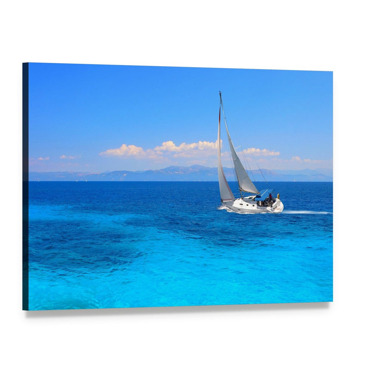 Sailing Yacht on Turquoise Sea Canvas Wall Art, single panel gallery wrapped canvas, angled product view