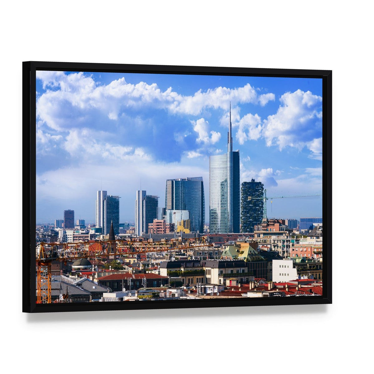 Milan Skyline Canvas Wall Art, framed canvas in a black floater frame, angled product view