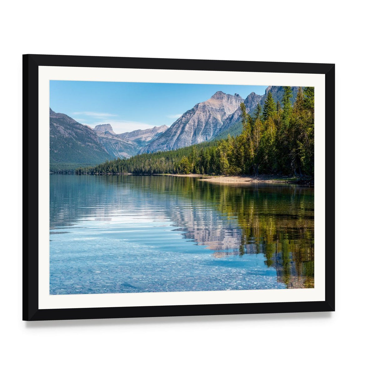 Mountain Lake with Reflected Peaks Canvas Wall Art, framed print with white mat and black frame, angled product view