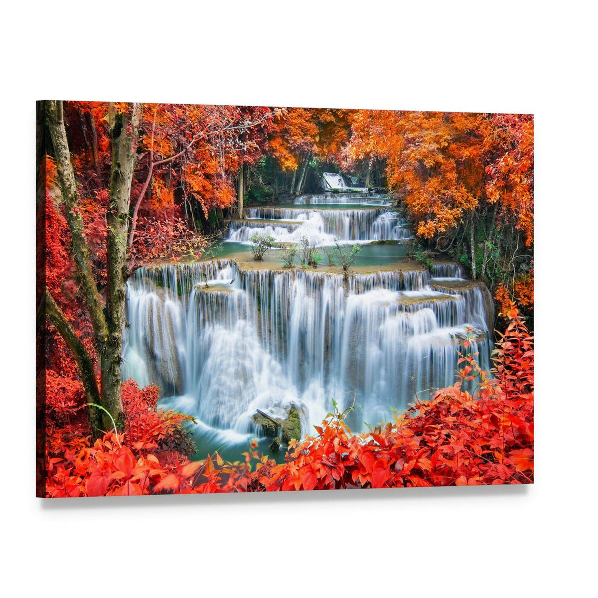 Waterfall in Autumn Forest Canvas Wall Art, single panel gallery wrapped canvas, angled product view