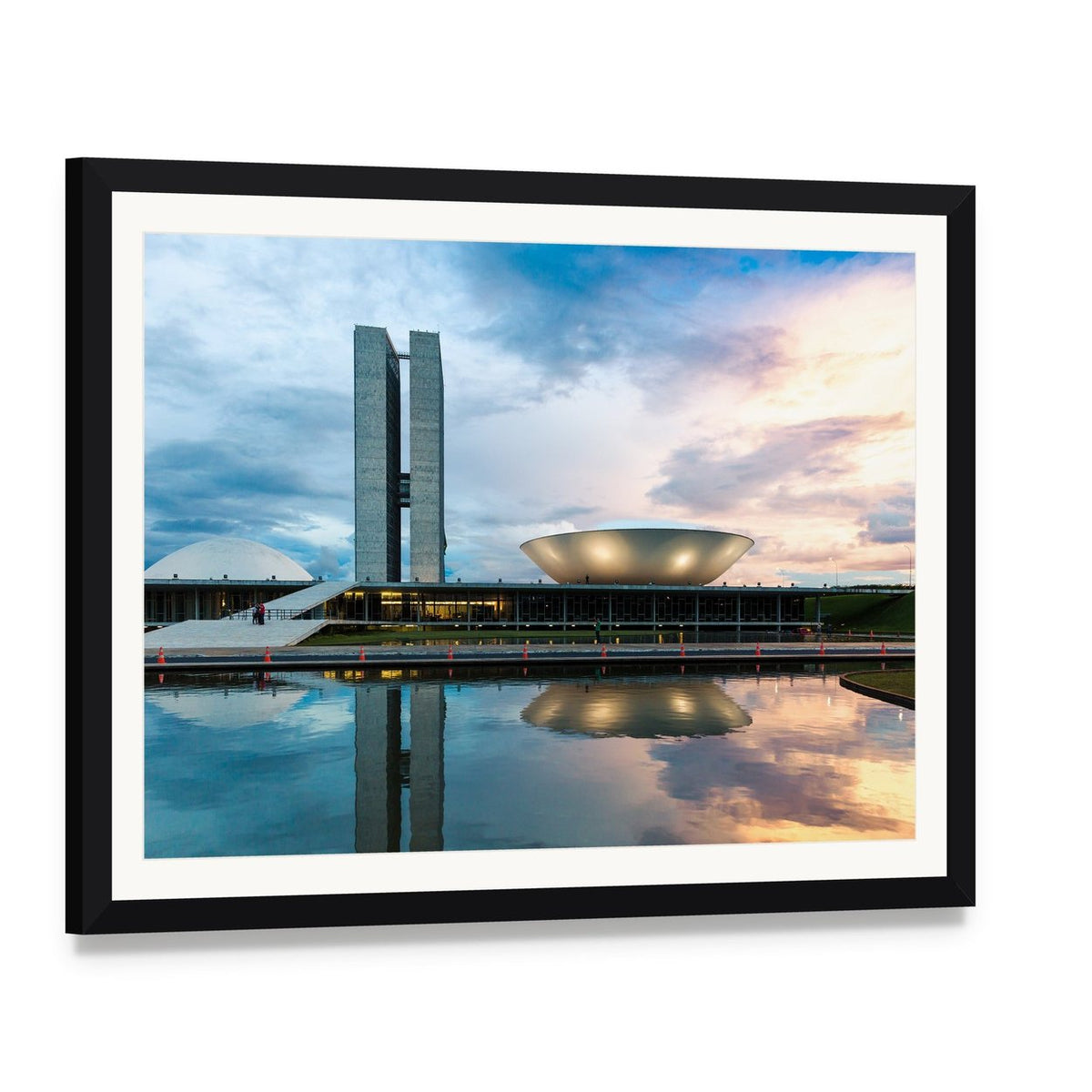 Brazilian National Congress Canvas Wall Art, framed print with white mat and black frame, angled product view