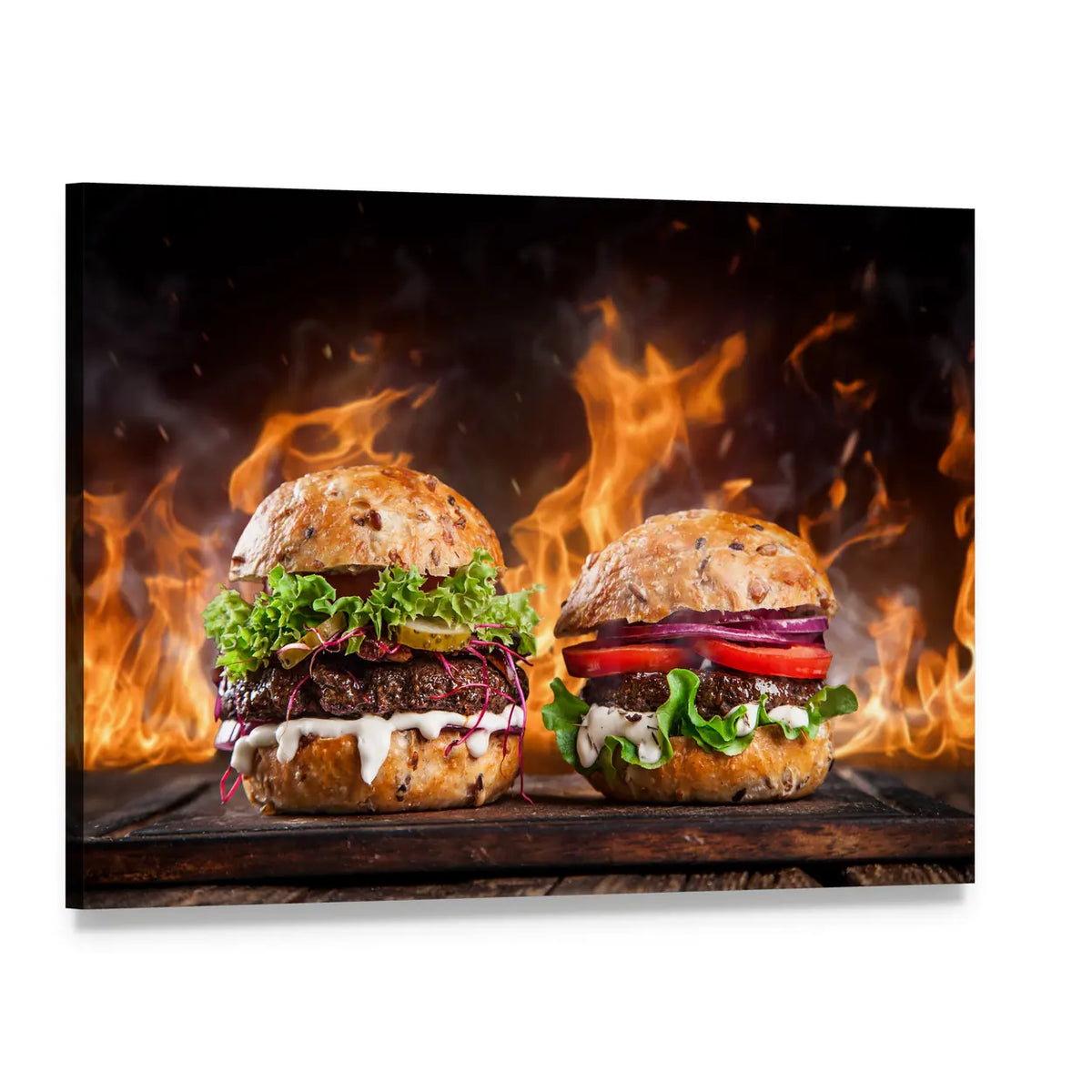 Two Gourmet Burgers with Flames Canvas Wall Art, single panel gallery wrapped canvas, angled product view