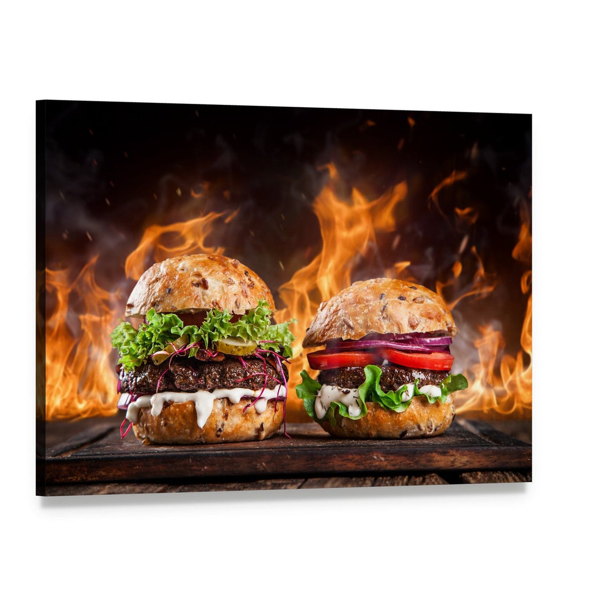 Gourmet Burgers with Flame Background Canvas Wall Art, single panel gallery wrapped canvas, angled product view