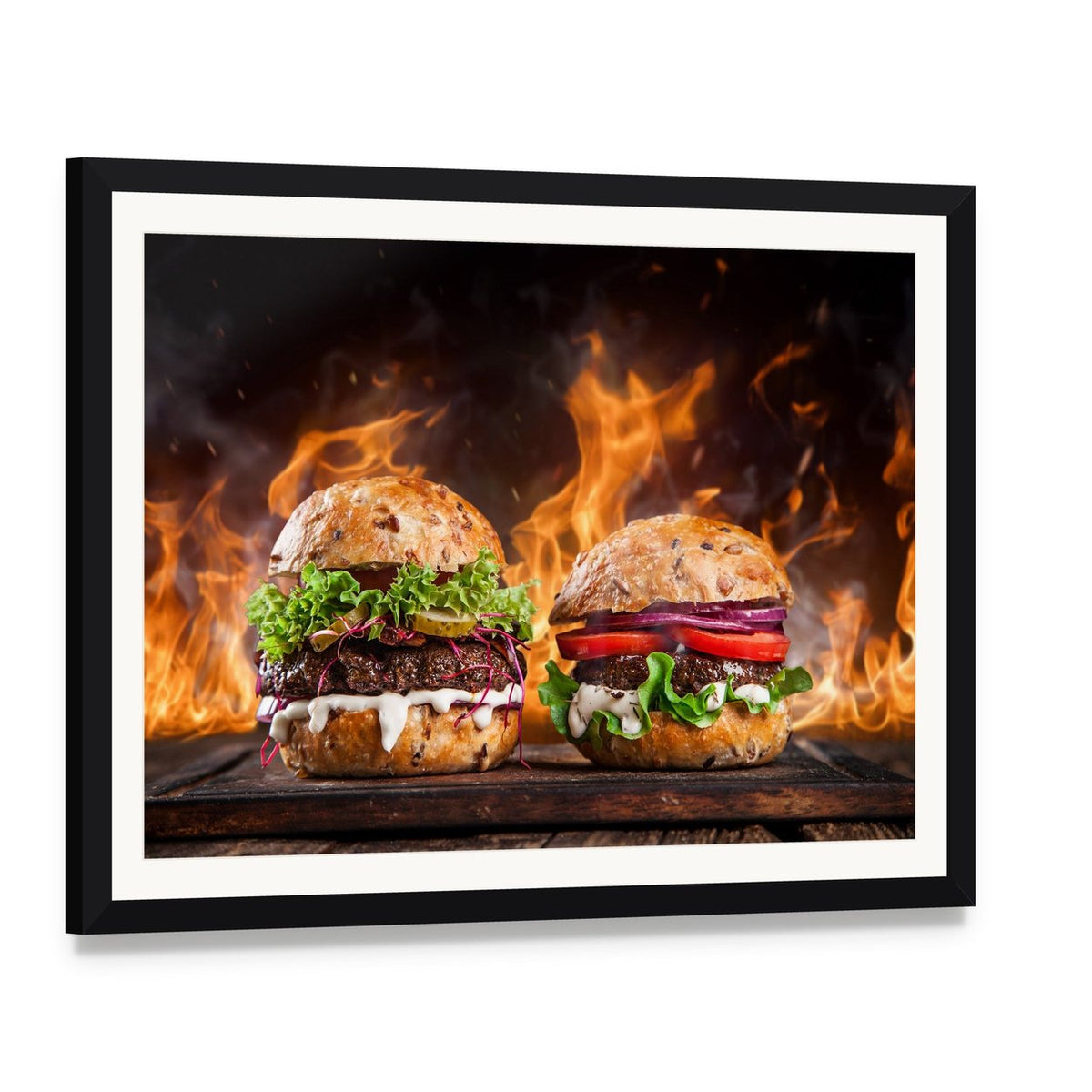 Gourmet Burgers with Flame Background Canvas Wall Art, framed print with white mat and black frame, angled product view