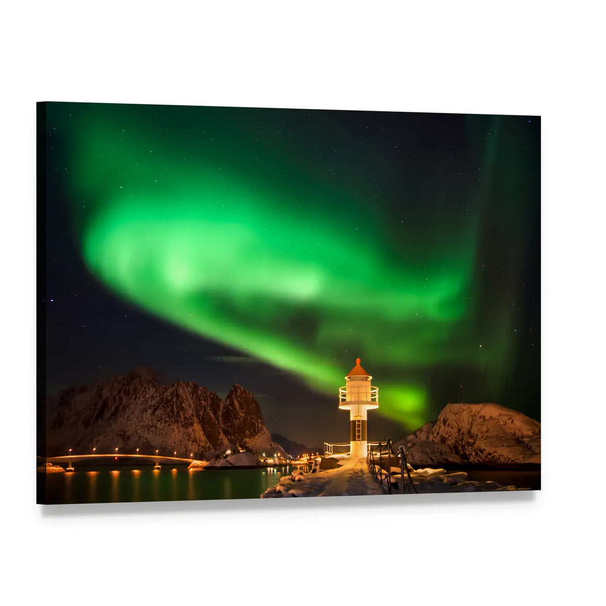 Swirling Aurora Above Lofoten Lighthouse Canvas Wall Art, single panel gallery wrapped canvas, angled product view