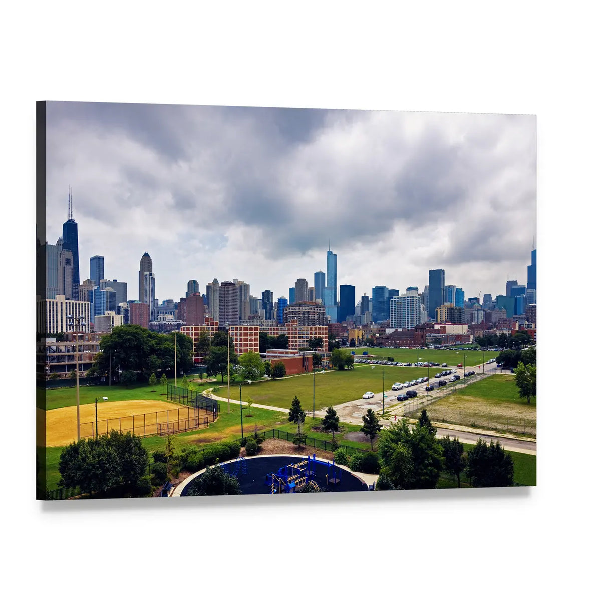 Chicago Skyline on a Cloudy Day Canvas Wall Art, single panel gallery wrapped canvas, angled product view