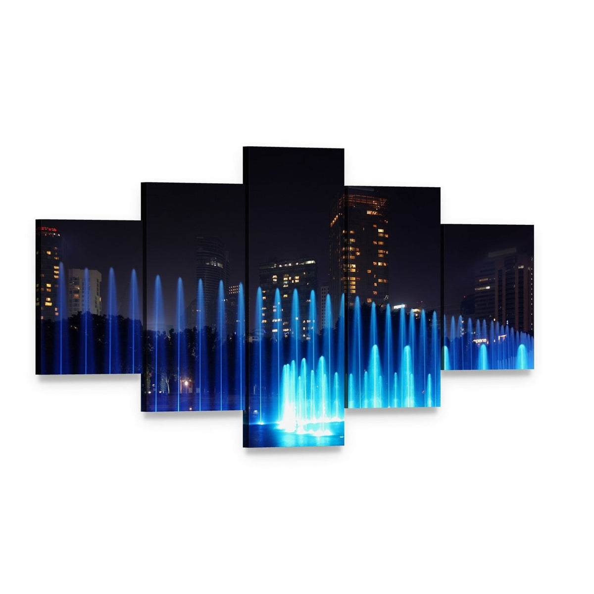 Nighttime Dancing Fountains in Kuala Lumpur Canvas Wall Art, 5 panel 5 Star layout gallery wrapped canvas set, angled product view