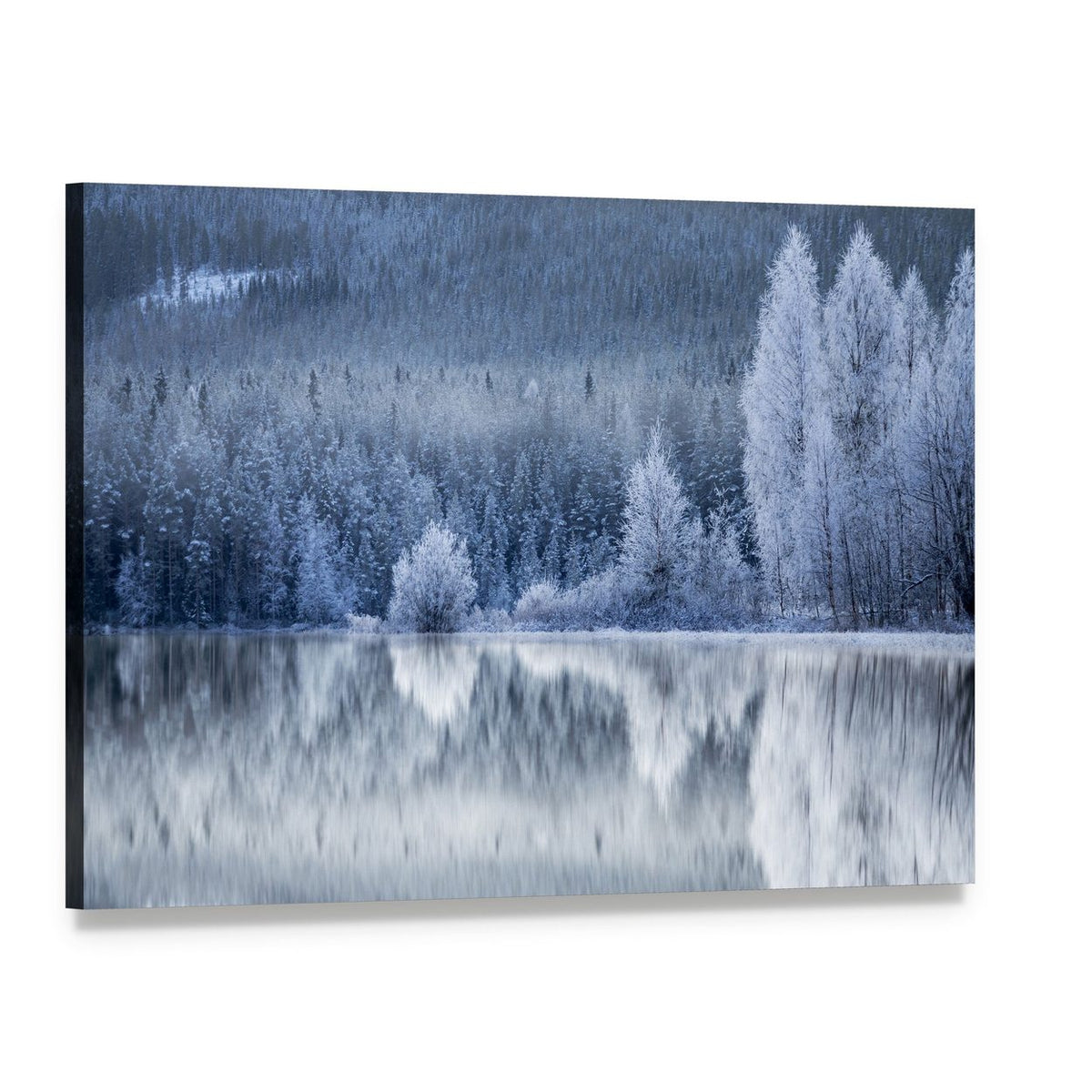 Forest Reflection on Frozen Lake Canvas Wall Art, single panel gallery wrapped canvas, angled product view