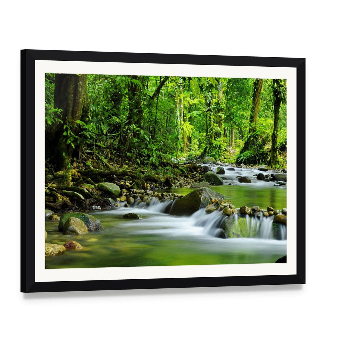 Mountain Stream in Tropical Forest Canvas Wall Art, framed print with white mat and black frame, angled product view