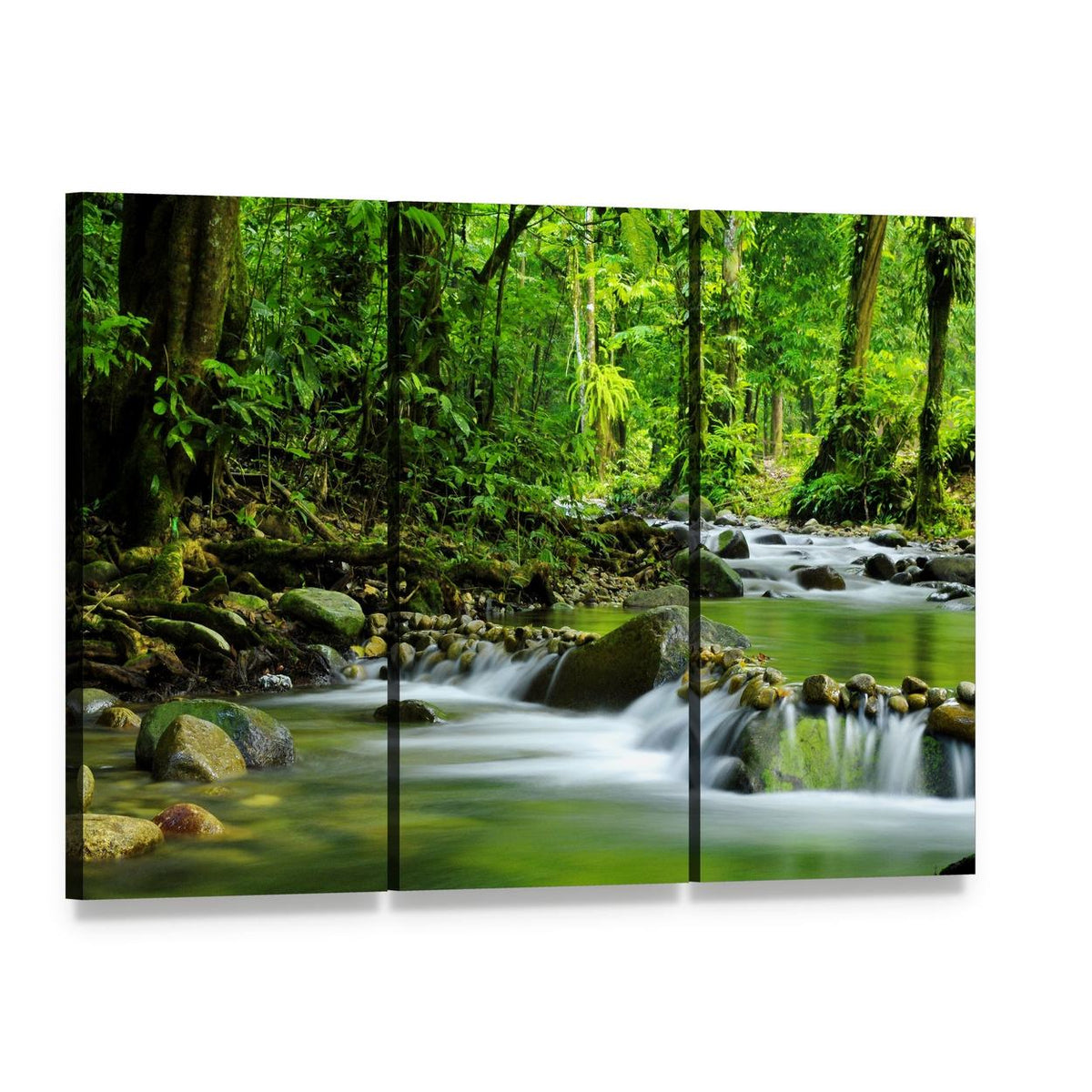 Mountain Stream in Tropical Forest Canvas Wall Art, 3 panel 3 Horizontal layout gallery wrapped canvas set, angled product view