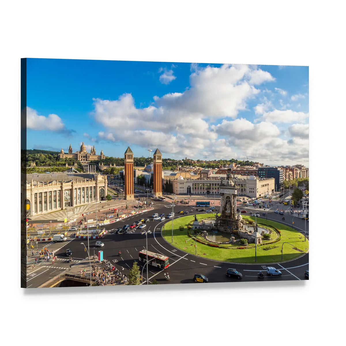 Barcelona Plaza with Twin Towers Canvas Wall Art, single panel gallery wrapped canvas, angled product view
