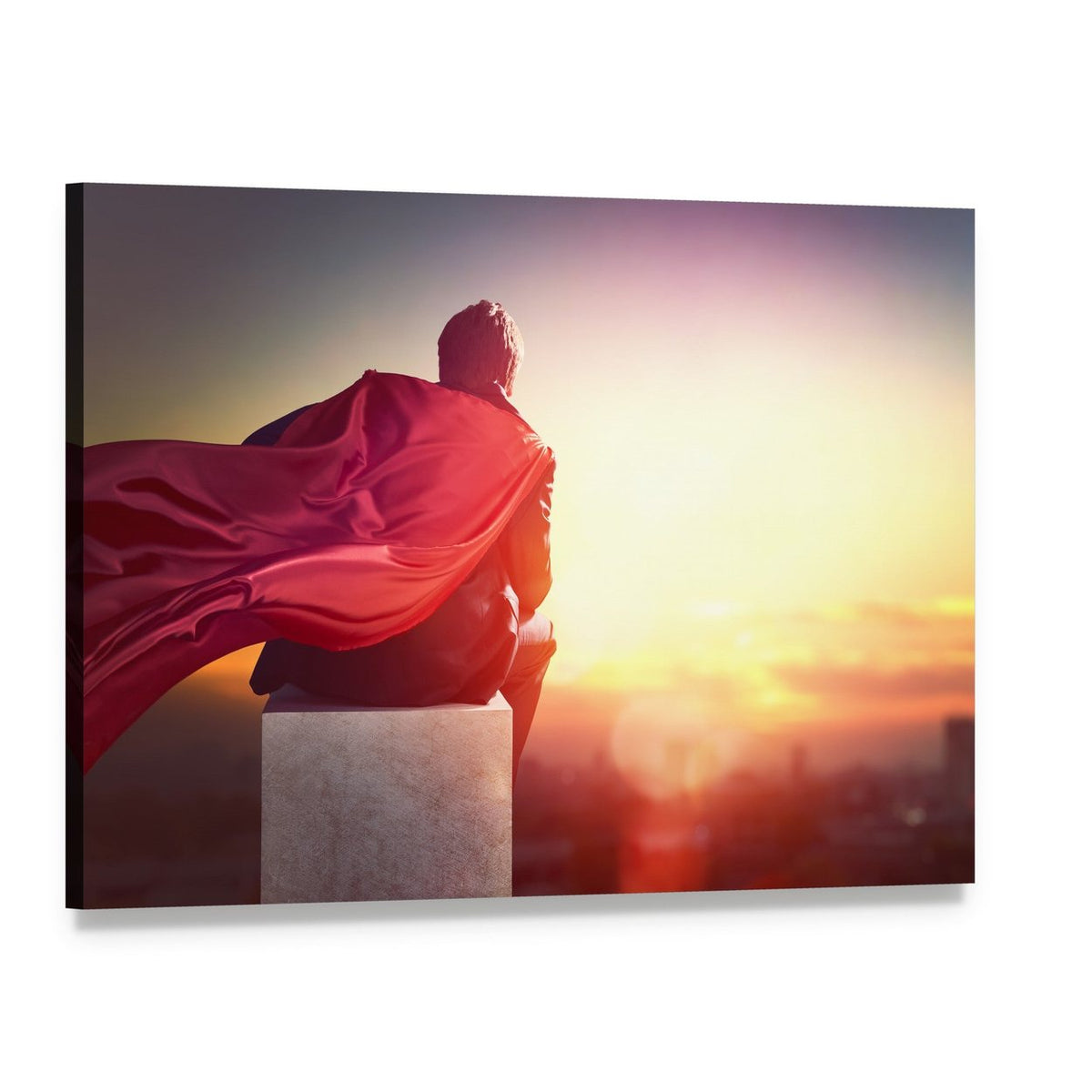 Red-caped Superhero on Pedestal at Sunset Canvas Wall Art, single panel gallery wrapped canvas, angled product view
