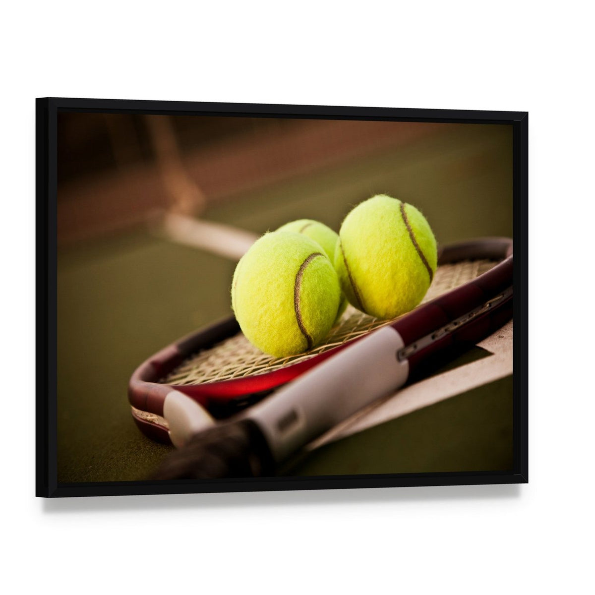 Tennis Balls on Racket Canvas Wall Art, framed canvas in a black floater frame, angled product view