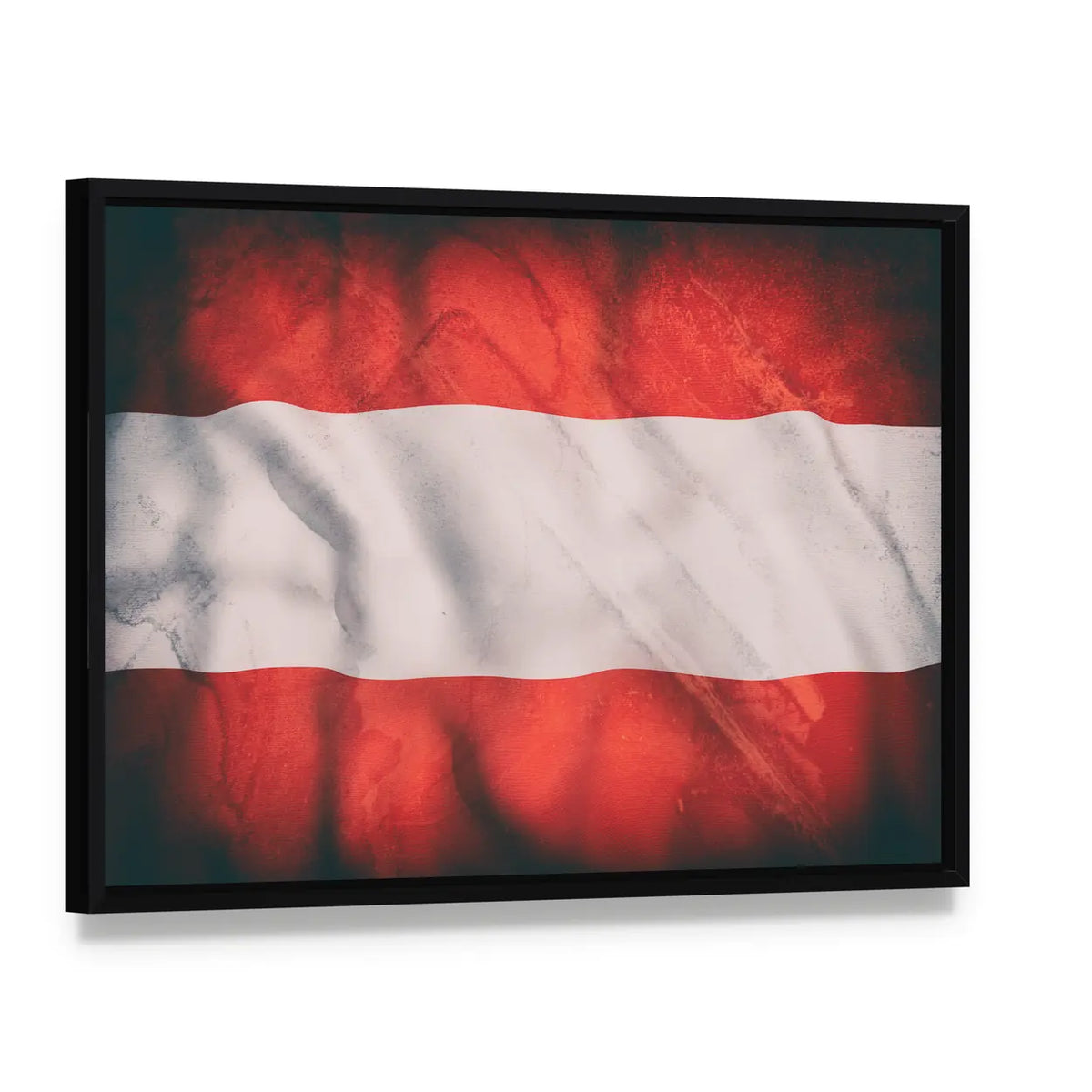 Waving Austrian Flag Canvas Wall Art, framed canvas in a black floater frame, angled product view