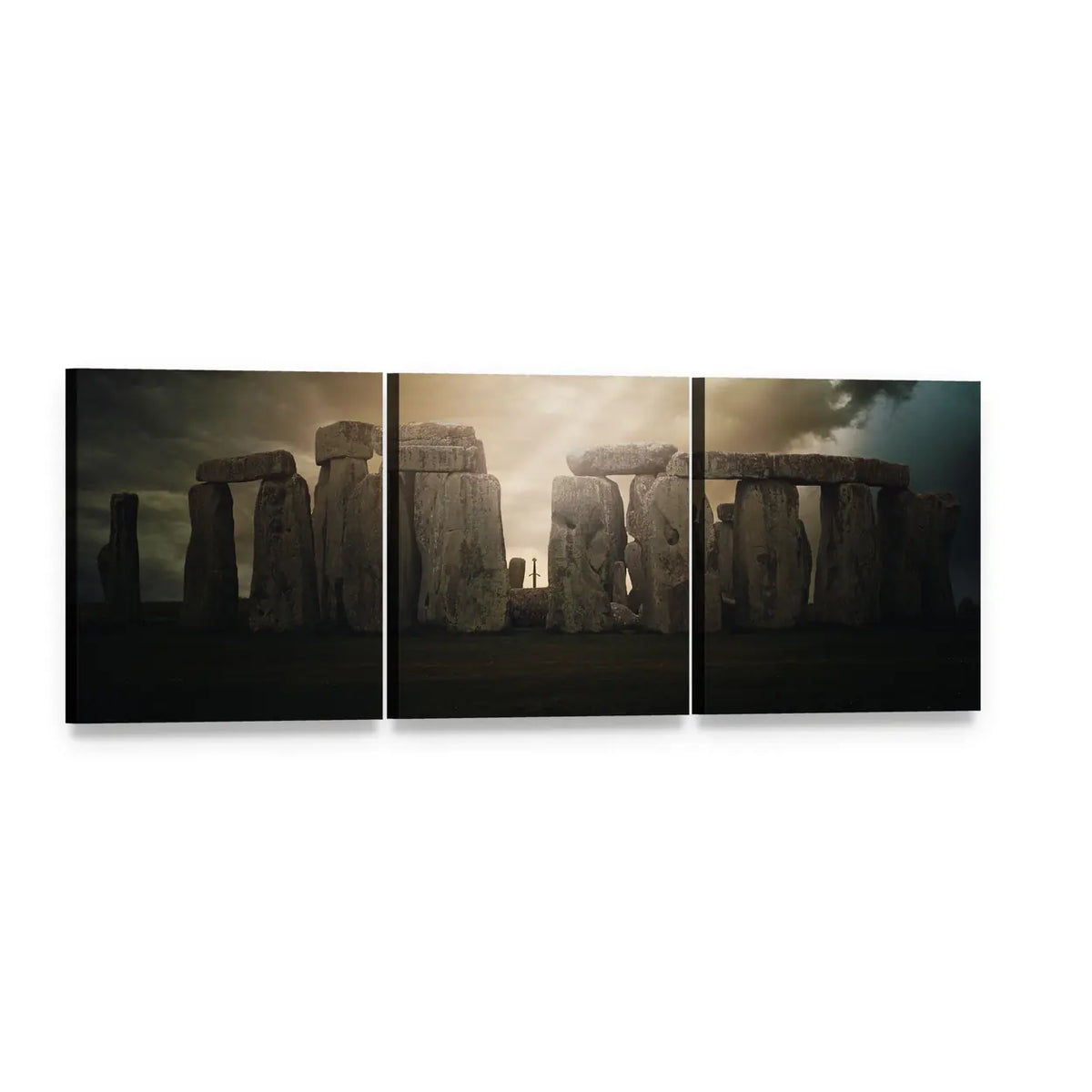Dramatic Clouds Over Stonehenge Panoramic Canvas Wall Art, 3 panel 3 Piece layout gallery wrapped canvas set, angled product view