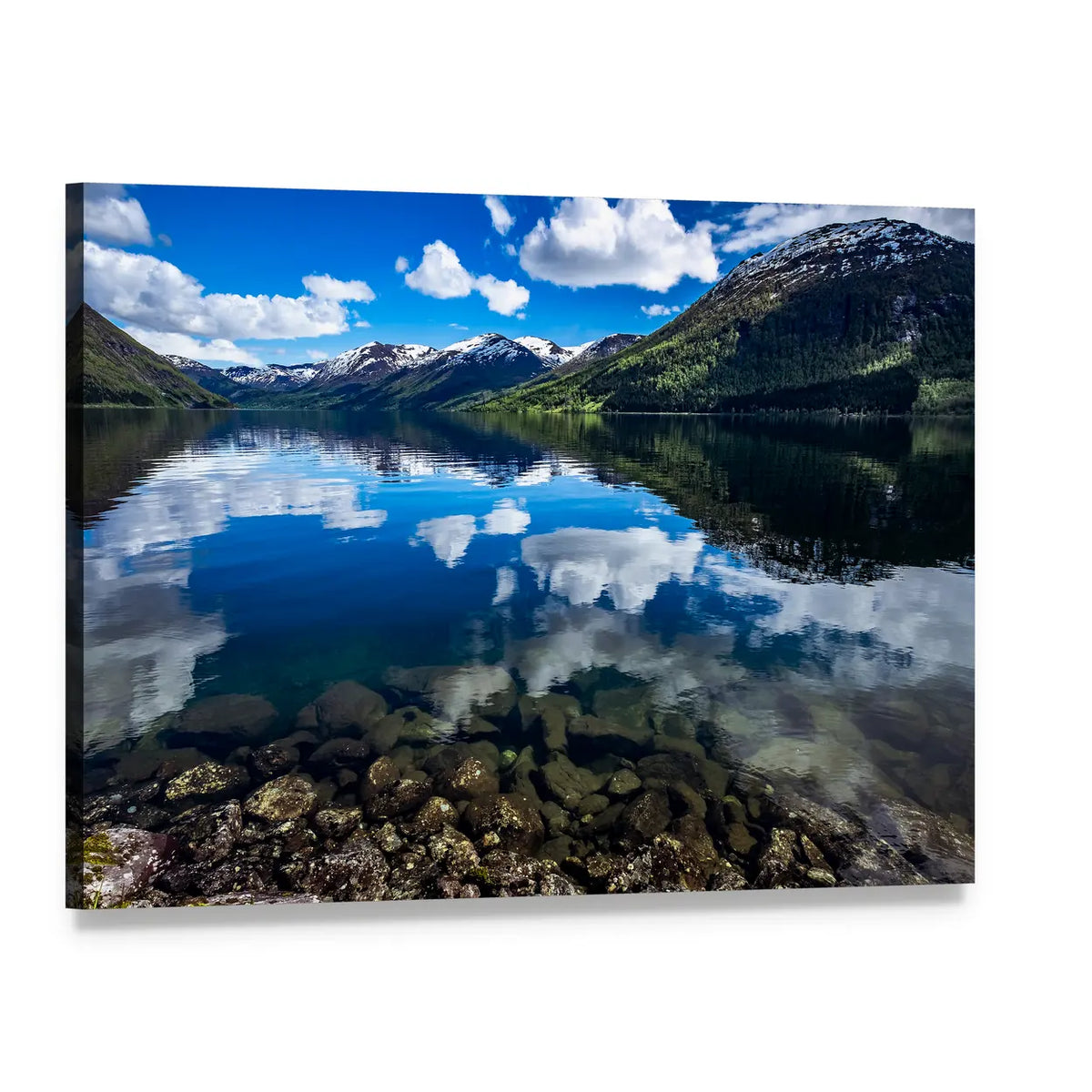 Reflection Lake Norway Canvas Wall Art, single panel gallery wrapped canvas, angled product view