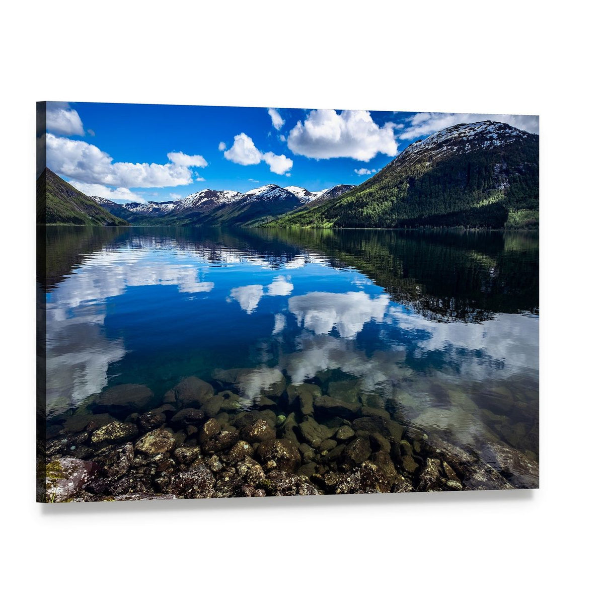 Mountain Lake Reflections Canvas Wall Art, single panel gallery wrapped canvas, angled product view