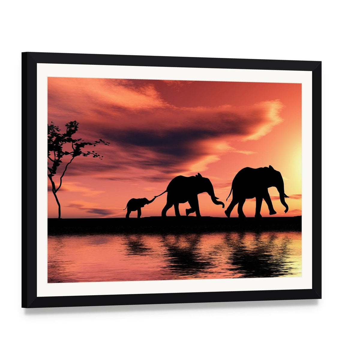 Elephant Family Silhouette Canvas Wall Art, framed print with white mat and black frame, angled product view
