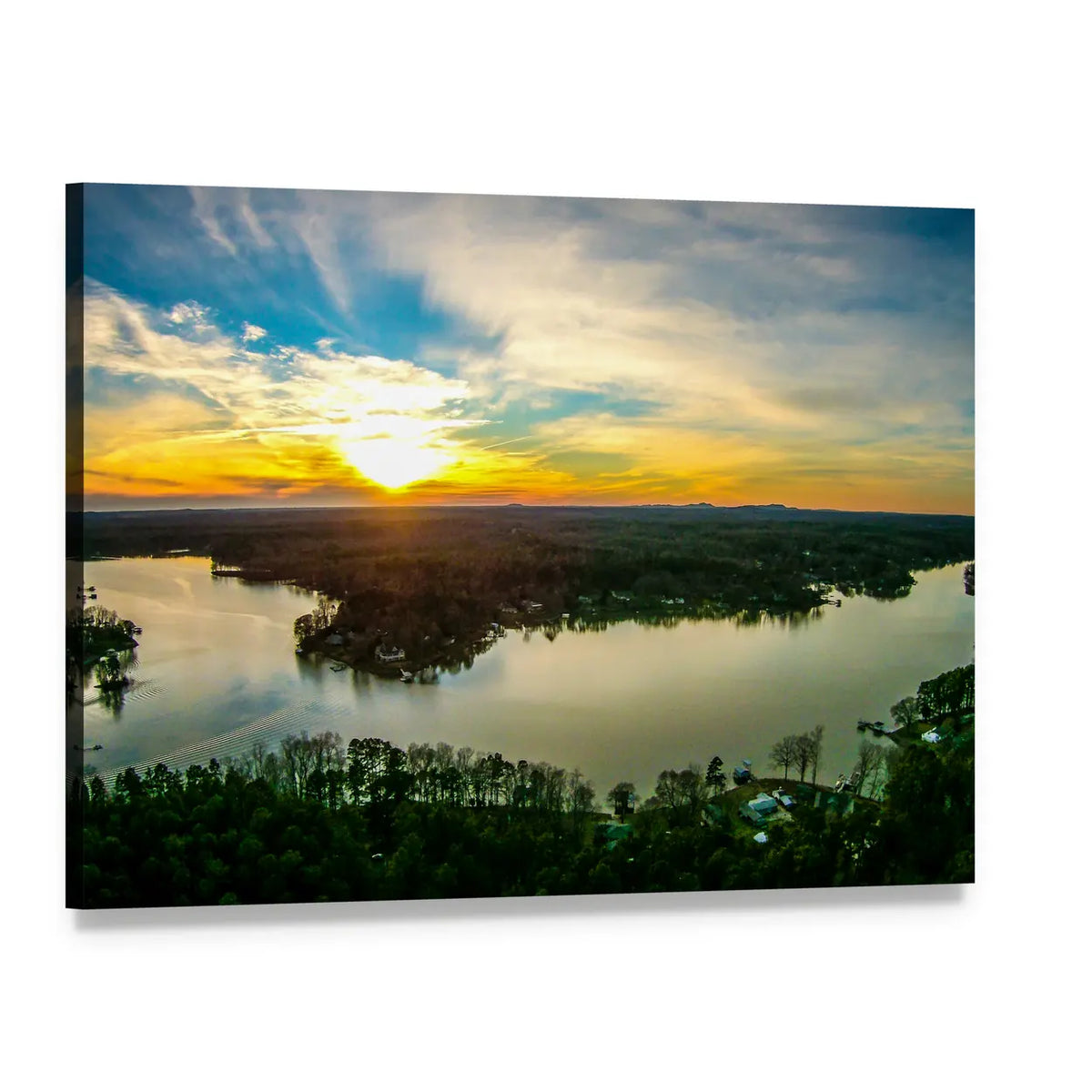 Sunset Over a Calm Lake Canvas Wall Art, single panel gallery wrapped canvas, angled product view