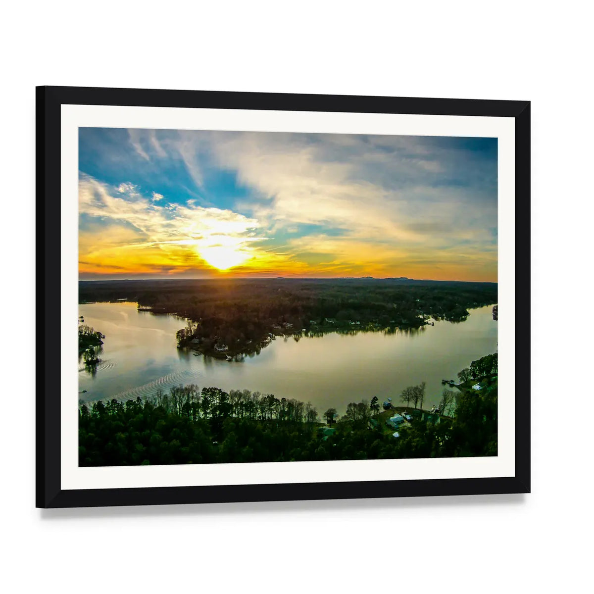 Sunset Over a Calm Lake Canvas Wall Art, framed print with white mat and black frame, angled product view