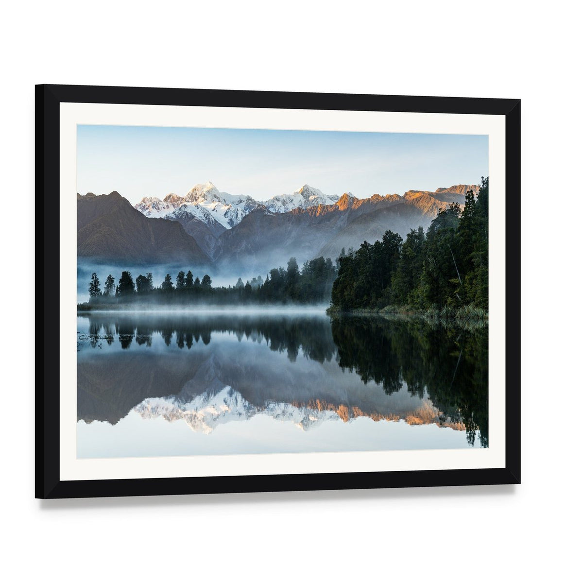 Mountains Reflection in Lake Canvas Wall Art, framed print with white mat and black frame, angled product view