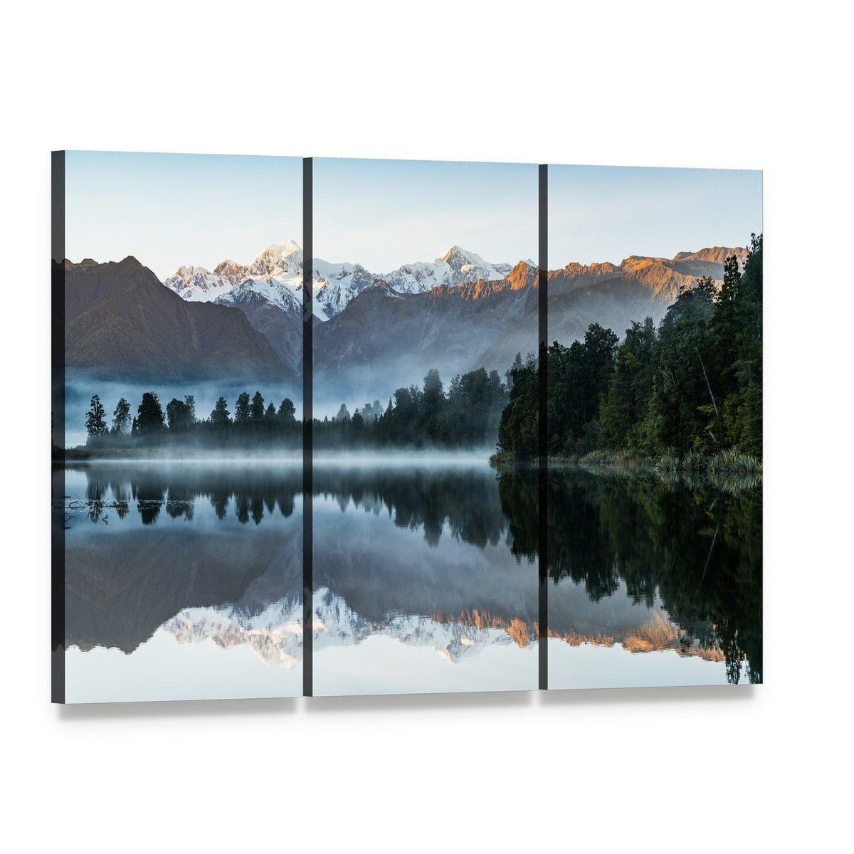 Mountains Reflection in Lake Canvas Wall Art, 3 panel 3 Horizontal layout gallery wrapped canvas set, angled product view
