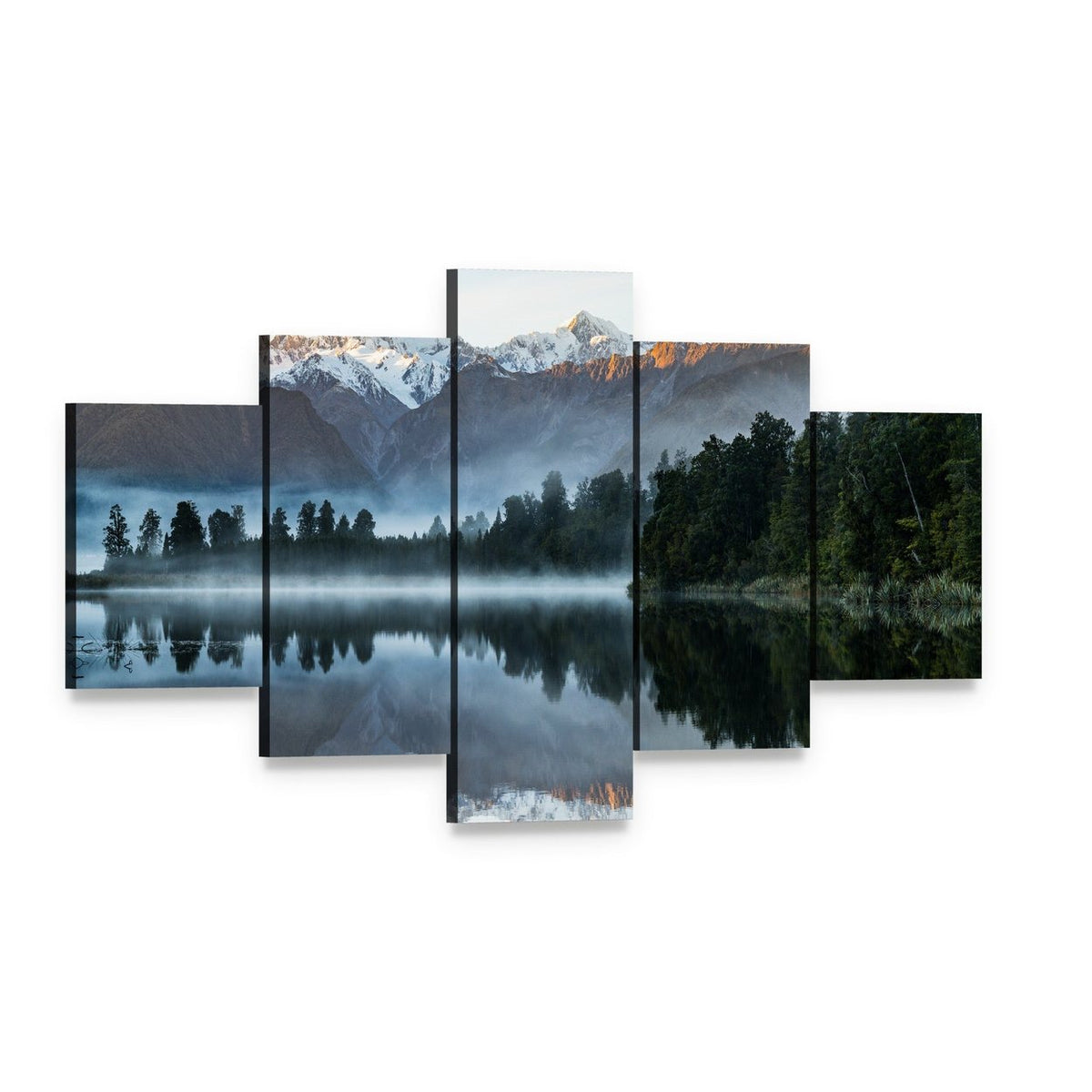 Mountains Reflection in Lake Canvas Wall Art, 5 panel 5 Star layout gallery wrapped canvas set, angled product view