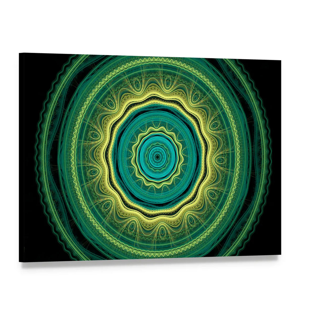 Green Mandala Flower Canvas Wall Art, single panel gallery wrapped canvas, angled product view