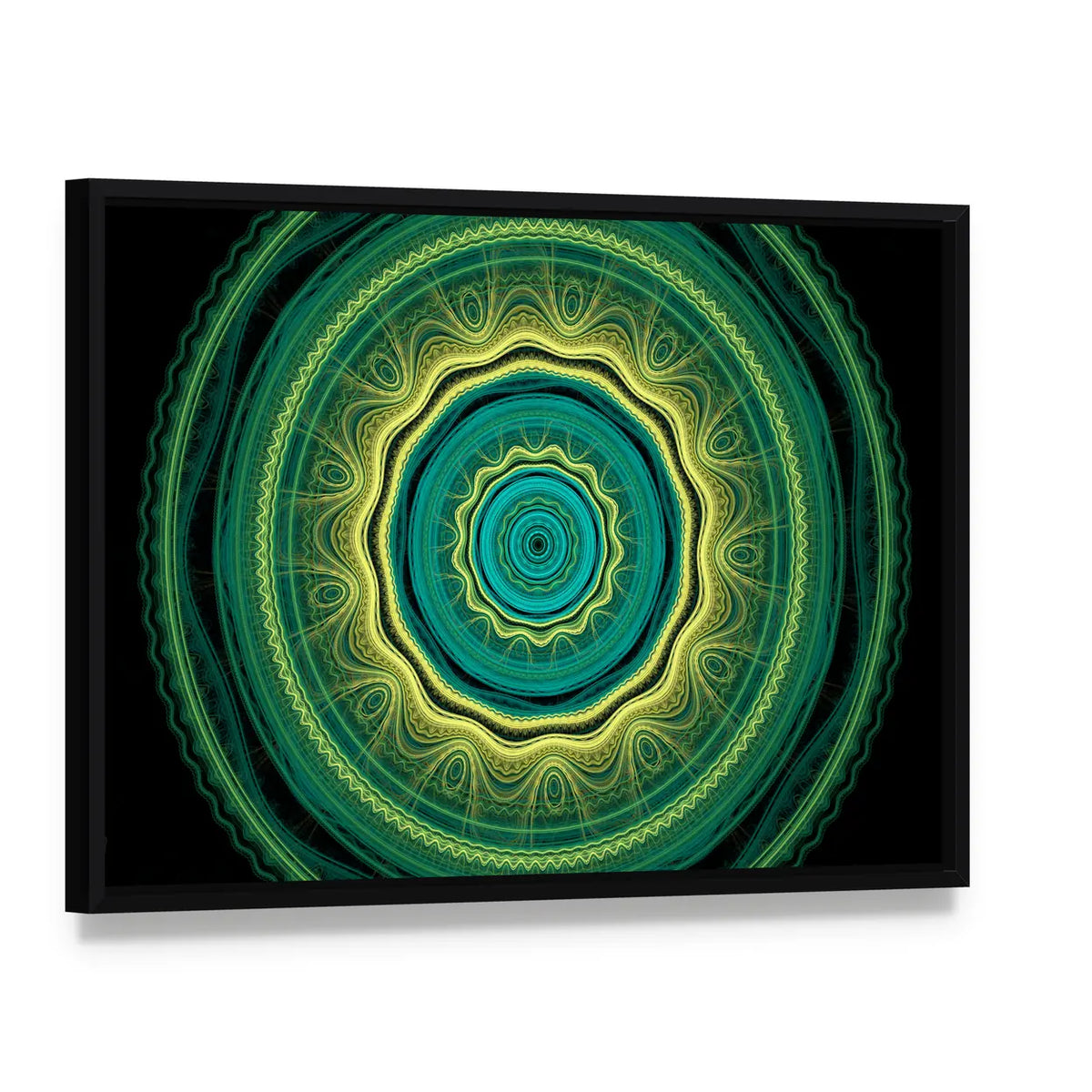 Green Mandala Flower Canvas Wall Art, framed canvas in a black floater frame, angled product view