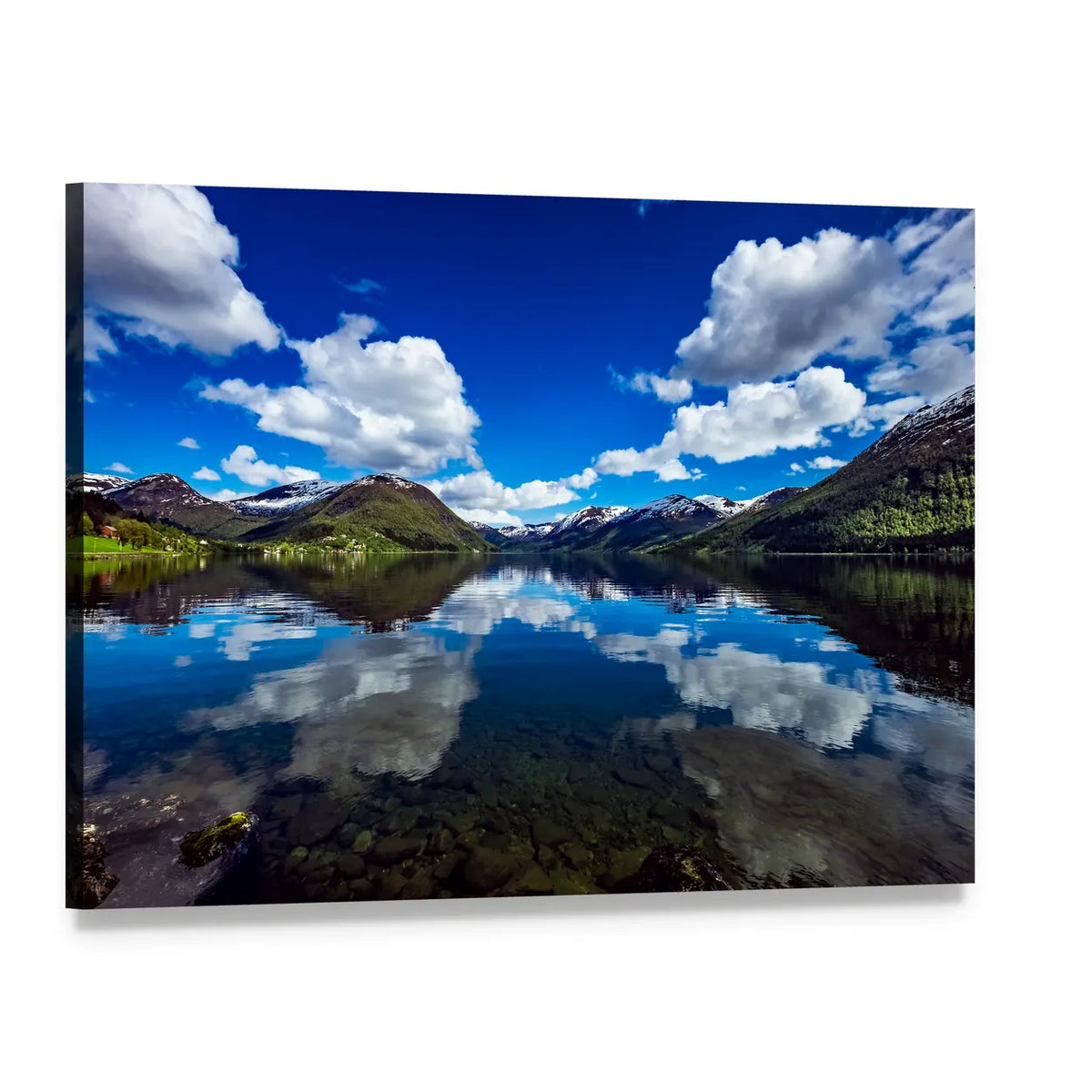 Alpine Lake with Mountain Reflections Canvas Wall Art, single panel gallery wrapped canvas, angled product view
