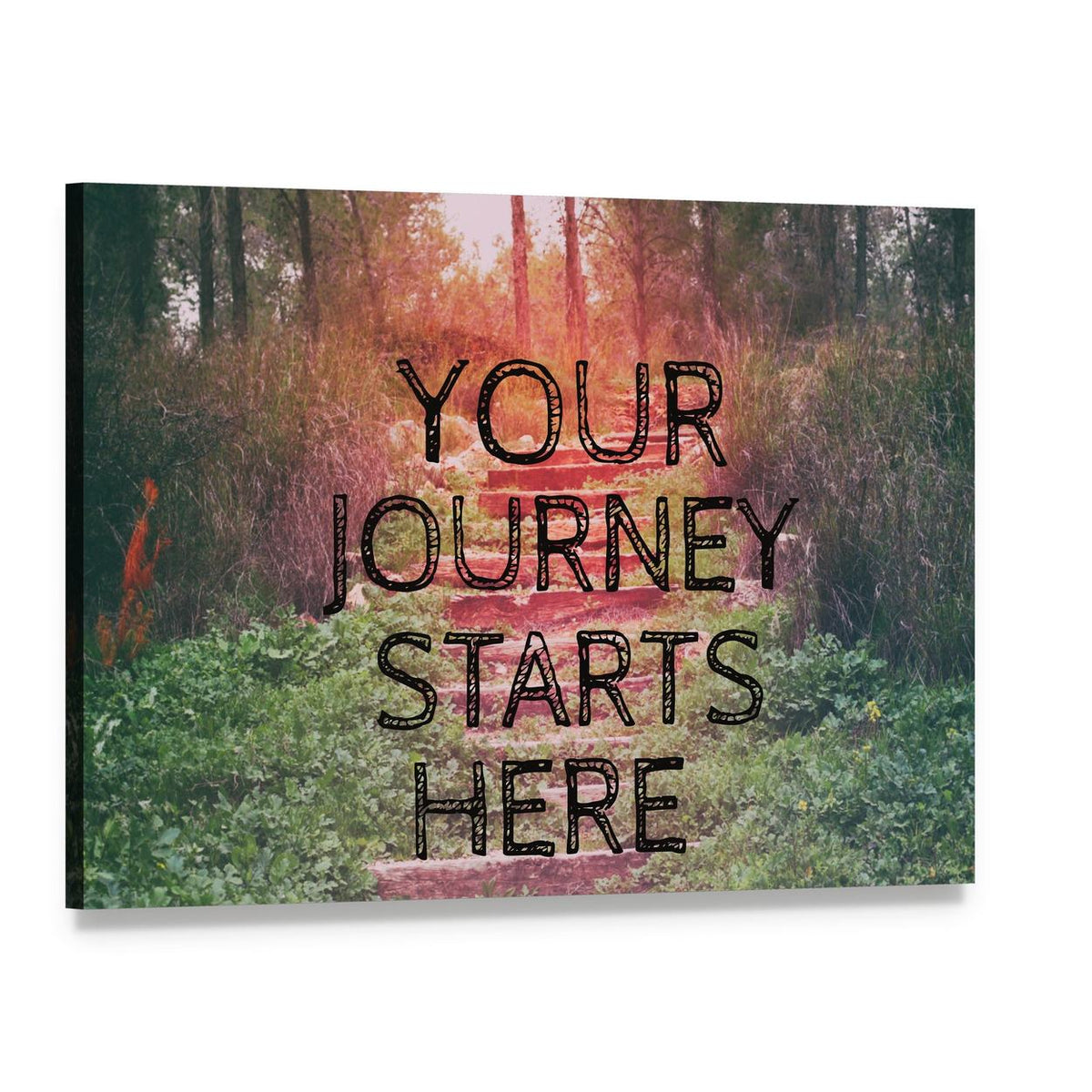 Your Journey Starts Here Forest Path Quote Canvas Wall Art, single panel gallery wrapped canvas, angled product view