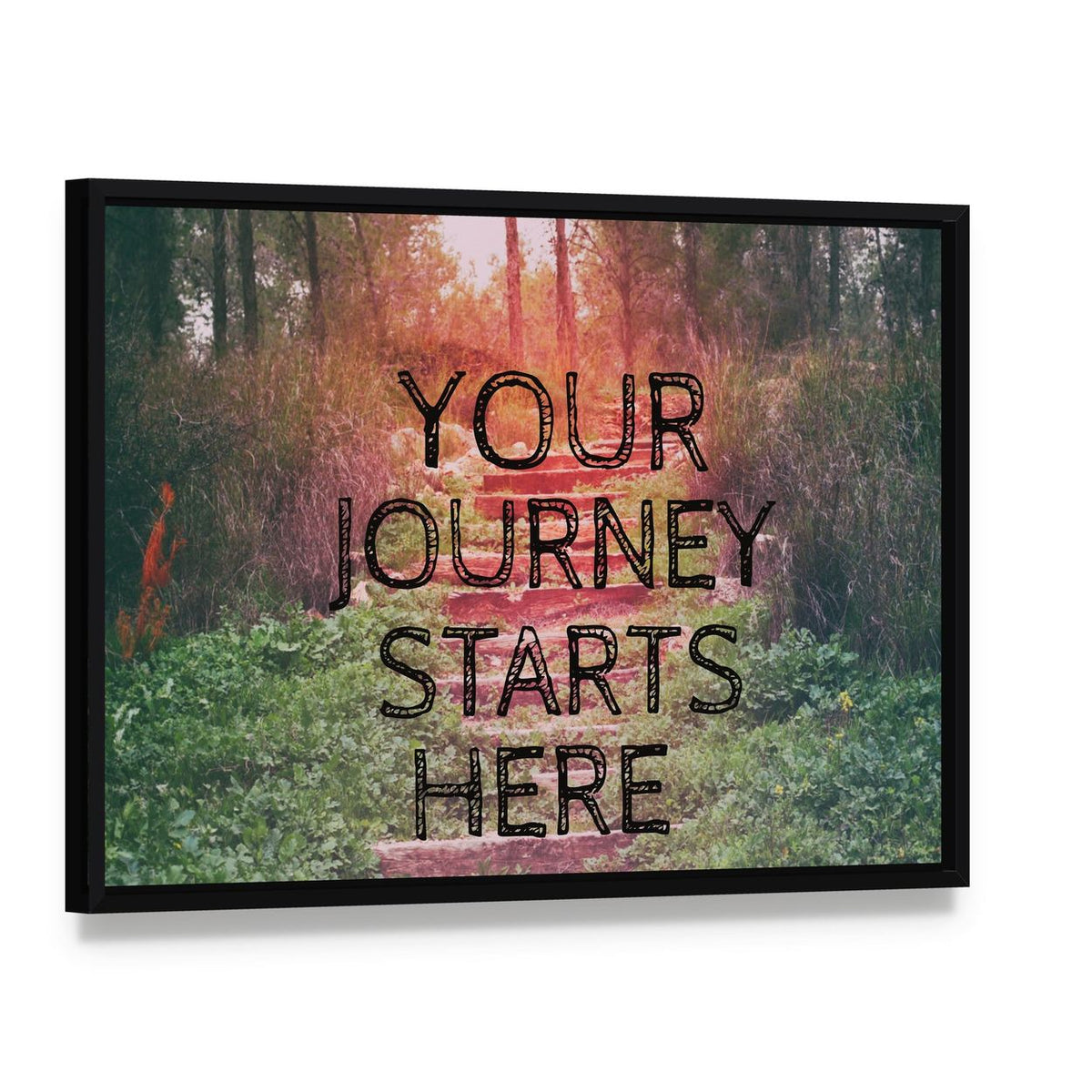 Your Journey Starts Here Forest Path Quote Canvas Wall Art, framed canvas in a black floater frame, angled product view