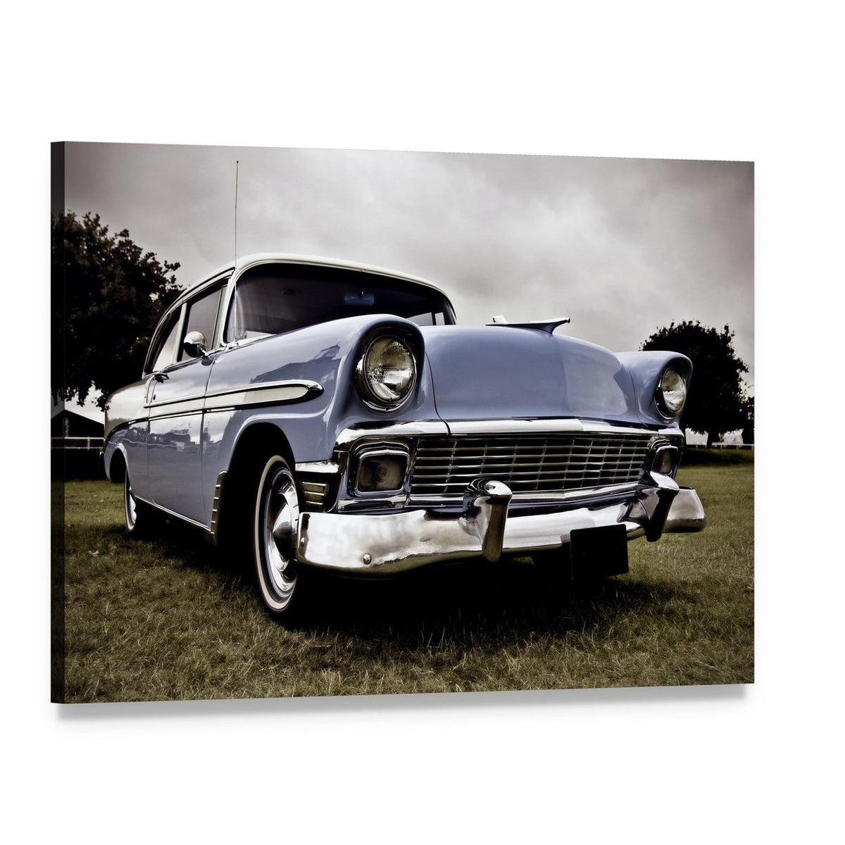 Blue Vintage American Car Close Up Canvas Wall Art, single panel gallery wrapped canvas, angled product view