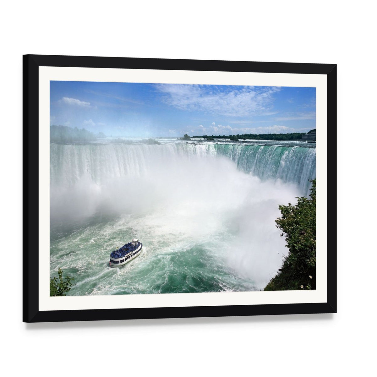 Niagara Falls from the Canadian Side Canvas Wall Art, framed print with white mat and black frame, angled product view