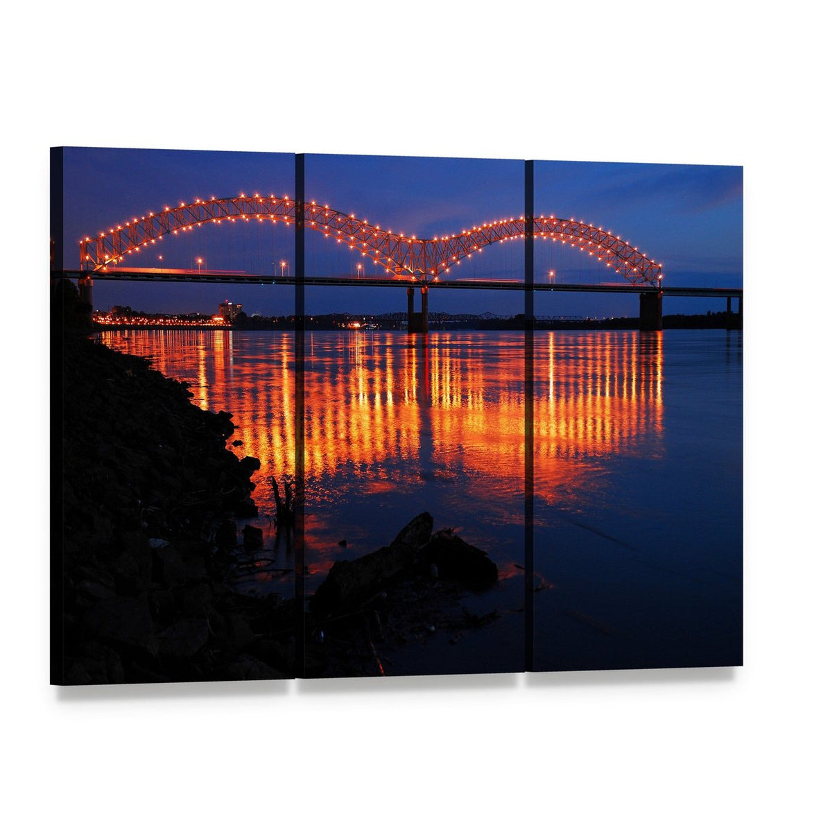 De Soto Bridge at Night Canvas Wall Art, 3 panel 3 Horizontal layout gallery wrapped canvas set, angled product view