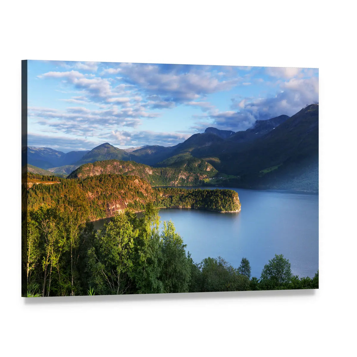 Norway Fjord Landscape Canvas Wall Art, single panel gallery wrapped canvas, angled product view