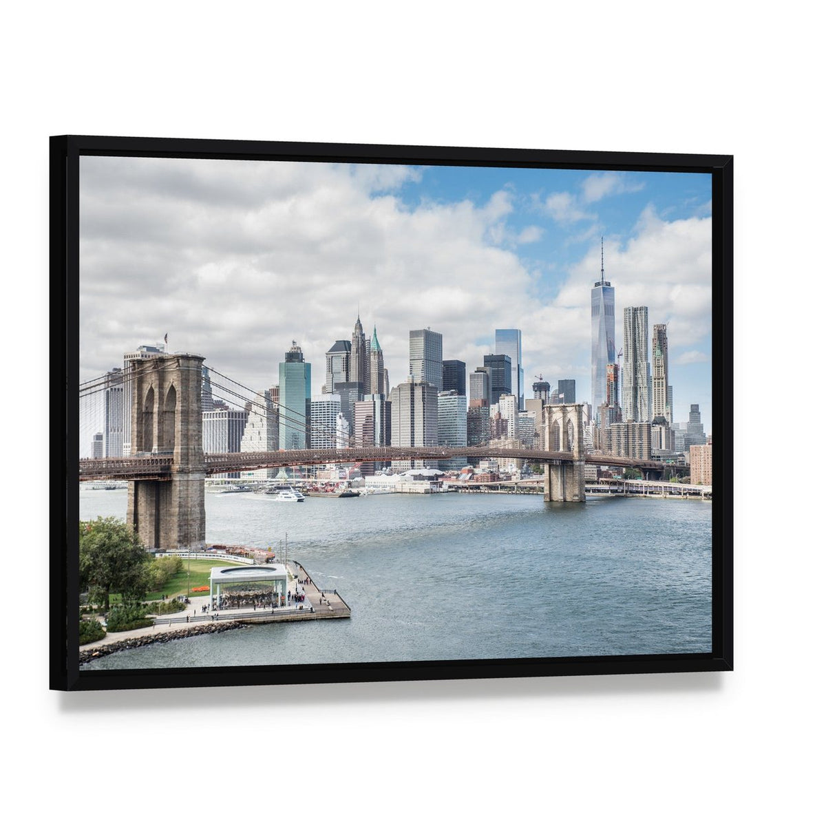 Brooklyn Bridge Ny Canvas Wall Art, framed canvas in a black floater frame, angled product view