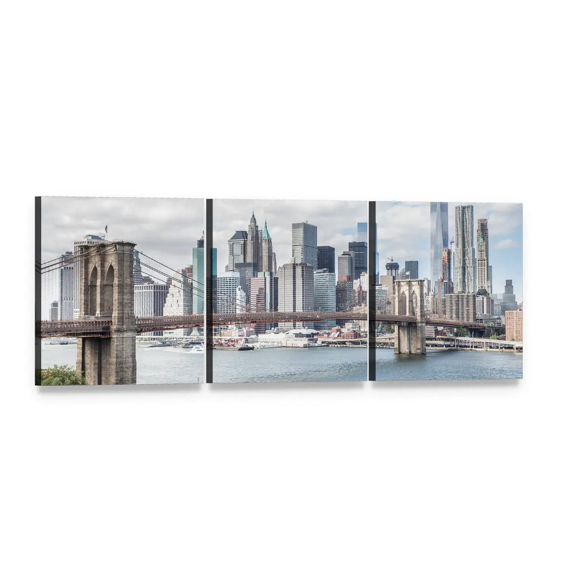 Brooklyn Bridge with Manhattan Skyline Panoramic Canvas Wall Art, 3 panel 3 Piece layout gallery wrapped canvas set, angled product view