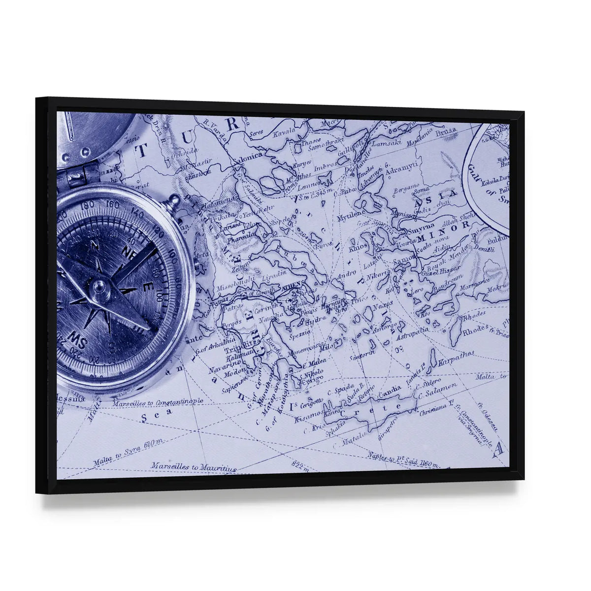 Antique Maps Showing Countries And Trade Routes Canvas Wall Art, framed canvas in a black floater frame, angled product view