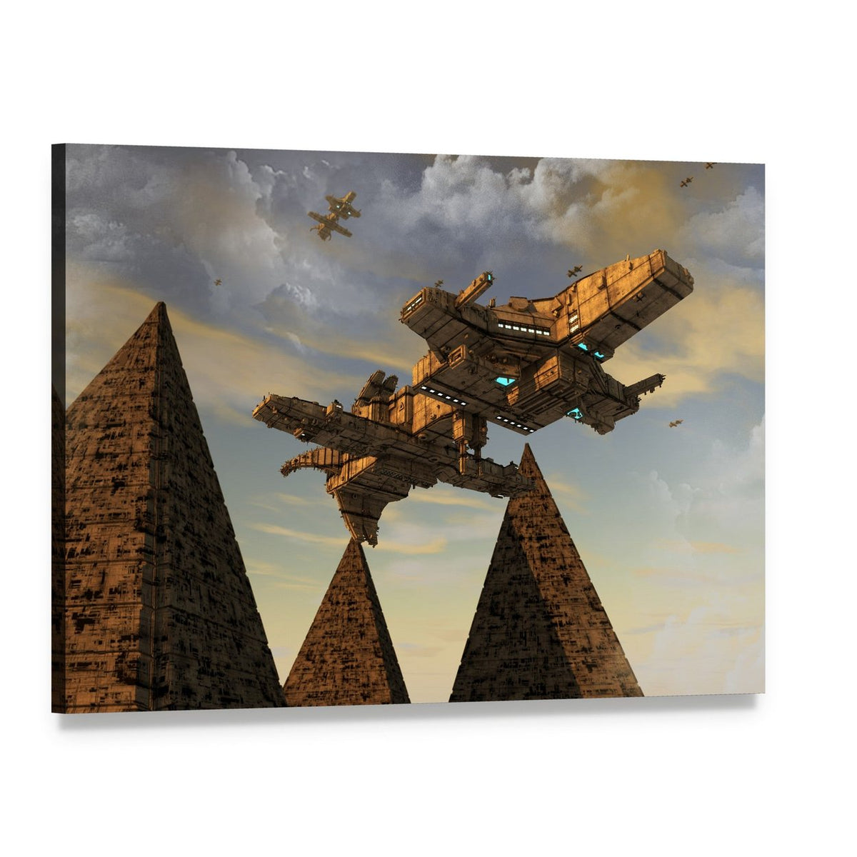 Spaceship Hovering Between Pyramids Canvas Wall Art, single panel gallery wrapped canvas, angled product view