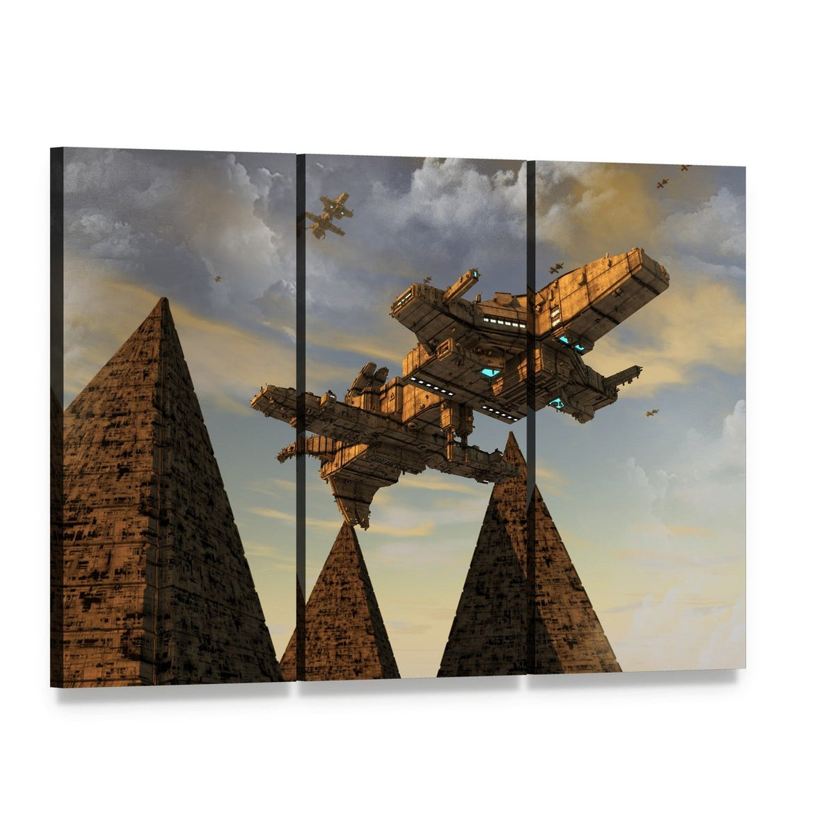 Spaceship Hovering Between Pyramids Canvas Wall Art, 3 panel 3 Horizontal layout gallery wrapped canvas set, angled product view