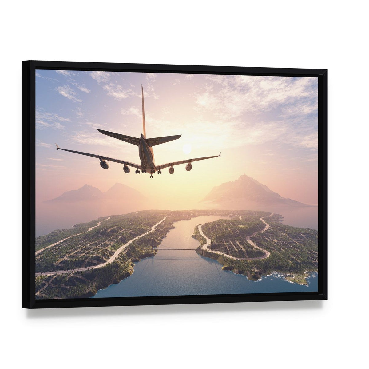 Airplane Landing on Island Canvas Wall Art, framed canvas in a black floater frame, angled product view