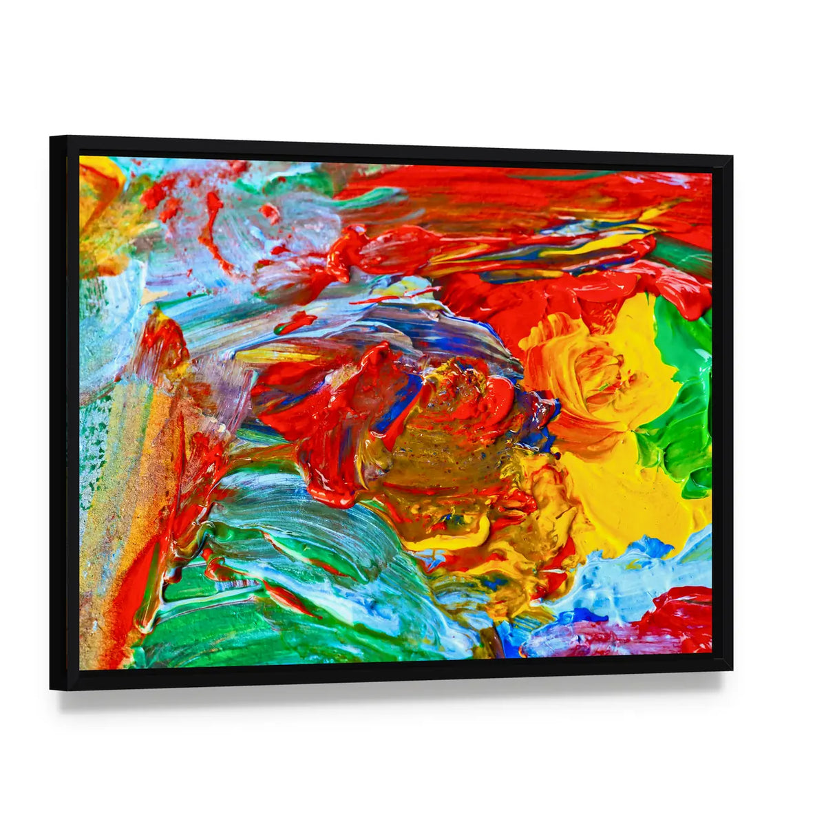 Oil Brushstrokes Abstract Painting Canvas Wall Art, framed canvas in a black floater frame, angled product view