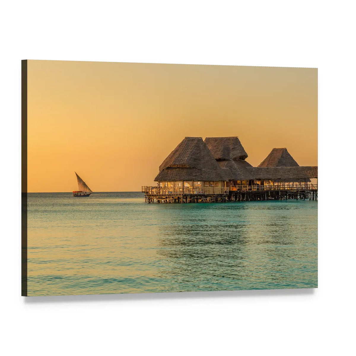 Bar On Water At Sunset In Zanzibar Tanzania Canvas Wall Art, single panel gallery wrapped canvas, angled product view